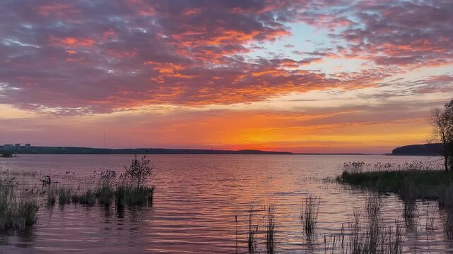 Romantic colorful sunset  over the river. Evening sky. Dramatic sunset. Natural colors.