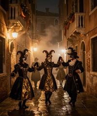 Obraz premium elegant people in traditional venetian carnival costumes and masks dancing in a misty narrow alley at night in venice