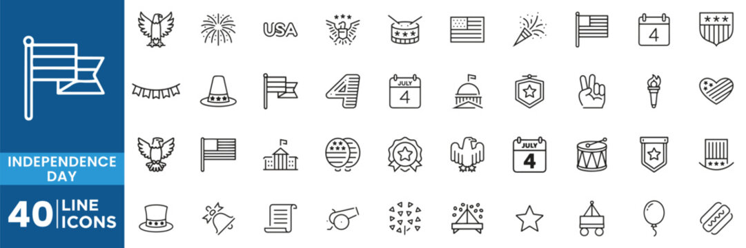 Independence Day USA Patriotic Line Icons Set with American Flag, Fireworks, Eagle, Liberty Bell, Balloon, Drum, Torch, Calendar, Star, Shield and Celebration Symbols