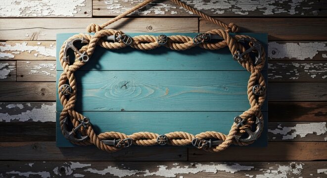 Rustic Wooden Sign with Nautical Rope Border Hanging on Weathered Wall.