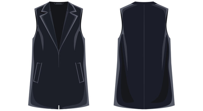 Black Sleeveless Vest with Lapel Collar and Pockets Front and Back View Fashion Illustration