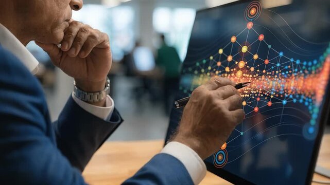 Closeup view of an expert dissecting fixed income security returns using interactive graphics on a big screen highlighting bond sectors in sharp contrast to an unfocused