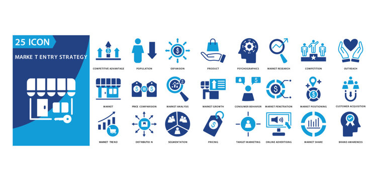 market entry strategy icon set of competitive advantage, population, expansion, product, psychographics, market research, competition, outreach, market, price comparison, market entry strategy