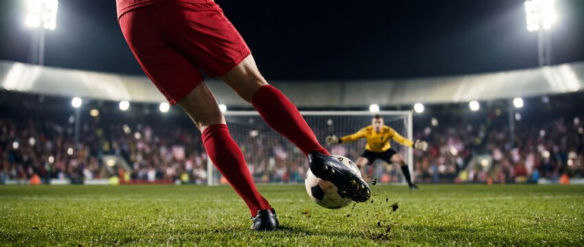 Soccer player kicking ball on green field at night stadium with goalkeeper and crowd in background