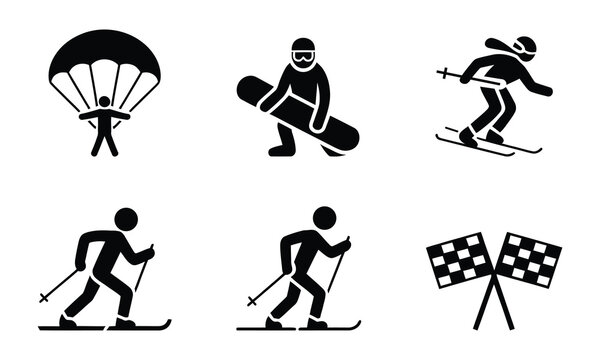 Six winter sports and parachuting icons in black and white