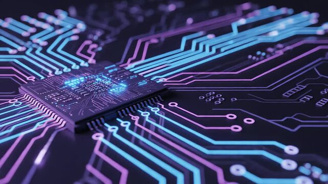 Futuristic computer processor with glowing energy and light trails