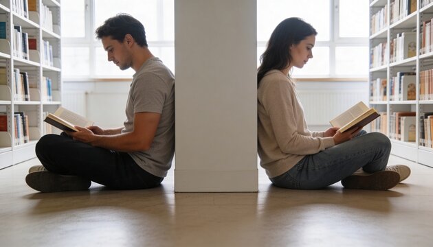 Reading two adults wearing casual clothes back-to-back in library, holding open books near pillar