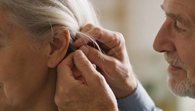 Gently adjusting senior man tucking gray hair behind woman's ear at home, with hands, shirt cuff