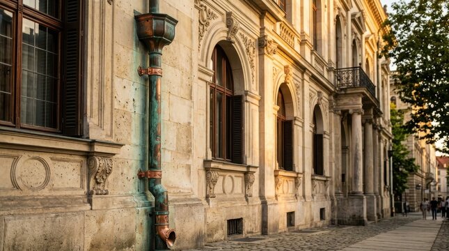 Ornate vintage building facade with weathered copper downspout and arched windows