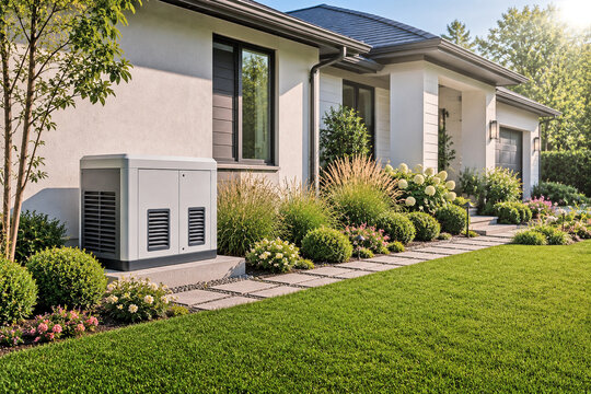 Backup generator and heat pump beside modern luxury house exterior