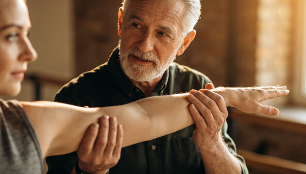 Supporting senior therapist guiding client's extended arm at clinic, in dark shirt and gray top