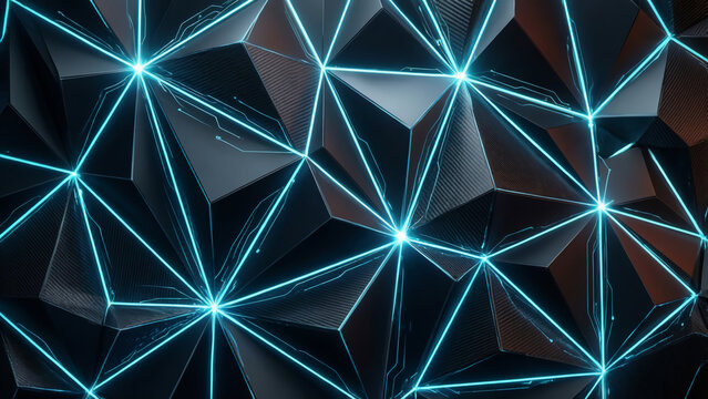 A 3D abstract background of dark, textured geometric pyramids outlined by sharp, glowing cyan neon lines radiating from bright central intersection points.