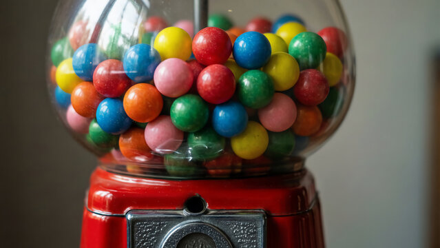 A classic red gumball machine filled with a vibrant mix of colorful gumballs inside its clear glass globe.