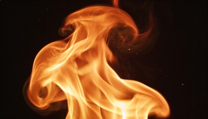 Fototapeta premium Swirling flame column dancing against deep black backdrop, showing smoke wisps and glowing embers