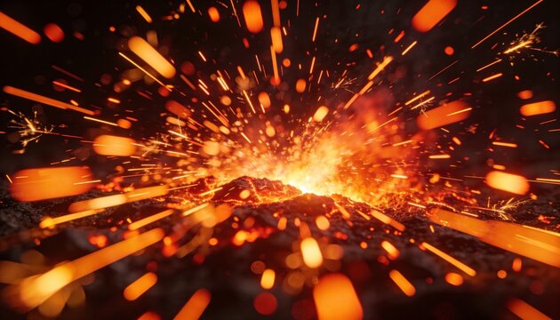 Erupting molten fissure throwing sparks and embers over ground-level slag and glowing cracks