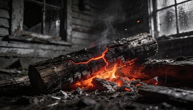Smoldering charred log throwing sparks and glowing cracks in decaying cabin, rainy window