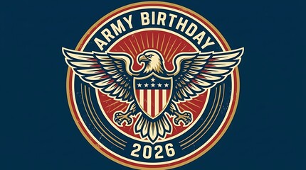Obraz premium Circular badge-style vector, eagle and shield emblem, text “Army Birthday 2026”