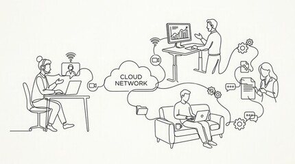 Obraz premium Vector illustration of people working remotely with cloud network