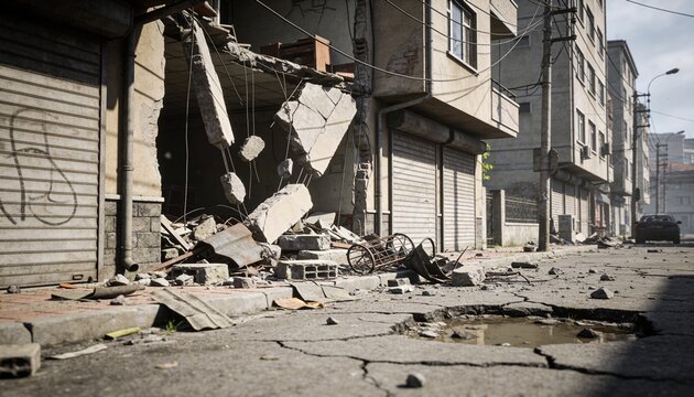 Showing collapsed facade spilling rubble onto street, with exposed rebar and toppled cart