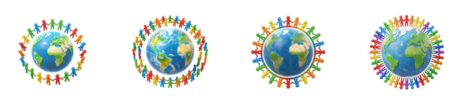 Diverse group of people holding hands around earth globe isolated on transparent background