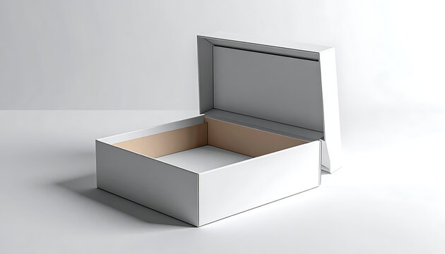 An open white square gift box with brown interior, ready for packaging or storage, isolated on a clean, minimalist surface