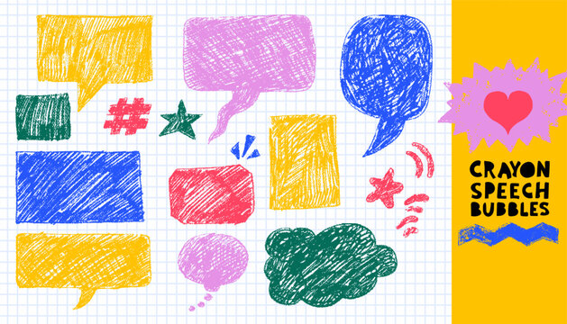 Set of square, speech bubbles, square and round crayon boxes with hand drawn rectangle frames isolated on white background. Rough sketch vector borders for labels, notes, posters, creative layouts.