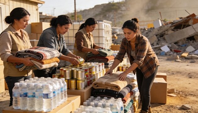 Sorting four women in work clothes packing relief supplies at staging area, with blankets and water