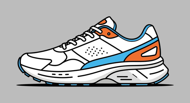 Modern White Running Shoe with Blue and Orange Accents - Vector Illustration
