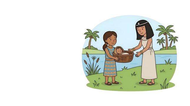 Illustration of an ancient Egyptian woman and girl holding a baby in a basket by the Nile river bank in a flat cartoon art style
