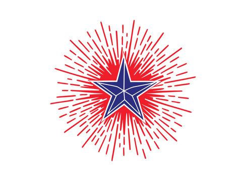 Blue starburst with abstract red rays against white background symbol of celebration and patriotism