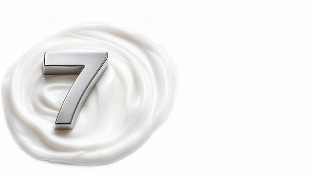 macro photograph of a solid silver metallic number seven resting on a smooth elegant swirl of thick white cosmetic cream isolated on a bright white background clean abstract beauty concept