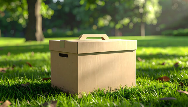 Cardboard delivery box sitting on green grass in a park, warm sunlight filtering through trees, outdoor logistics, package recipient, eco-friendly shipping.