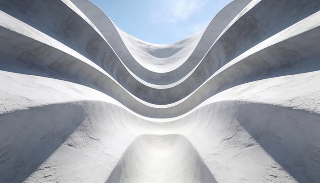 Revealing sculptural curved concrete terraces rising at open-air arena, with layered bands and sky