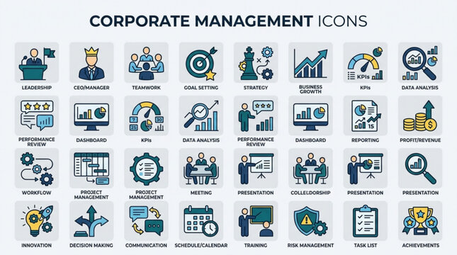 Corporate management icons, business strategy symbols, organization and leadership graphics, 40 flat design elements