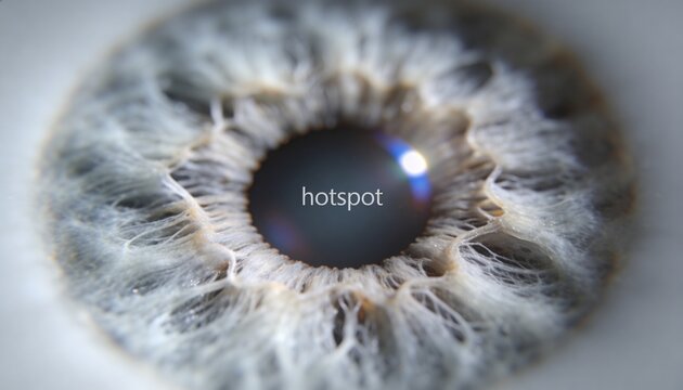 Displaying human iris and central pupil, specular glint, flare, 'hotspot' overlay, sclera in studio