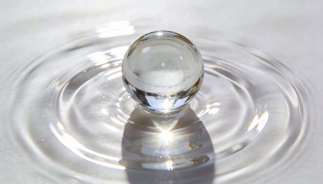 Showing glass sphere making circular water ripples on studio table with specular glints and shadow