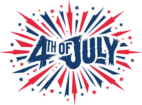 Fourth of July text with patriotic starburst and scattered stars in red white and blue