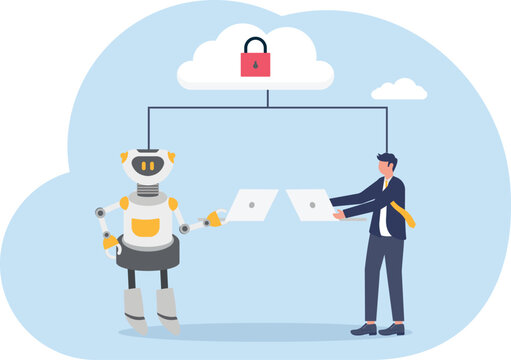 White futuristic robot looking through large magnifying glass at secure server network connection elements