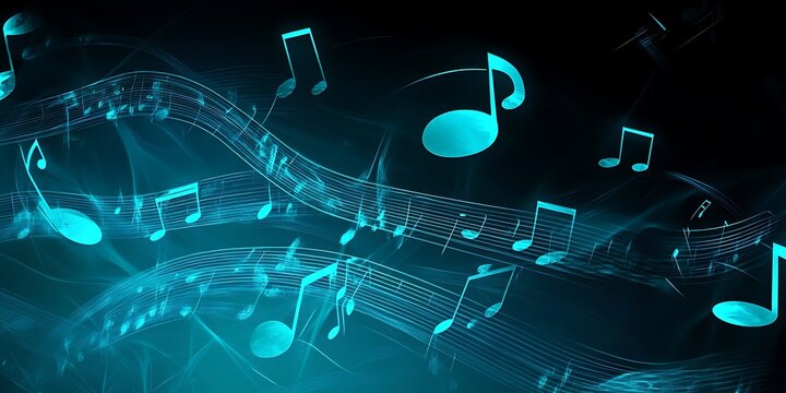Abstract glowing neon blue musical notes and staff lines flowing dynamically across a dark background