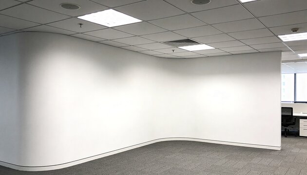 Dominating curved white partition wall sweeping through modern office fit-out space, with desk