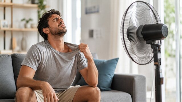 Man Cooling Off With Electric Fan During Summer Heatwave Inside Modern Living Room at Home