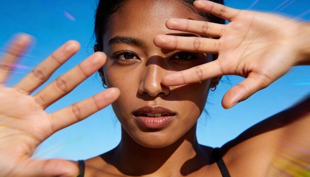 Shielding face, woman raising hands outside under bright sun, lens flare, black strap, hoop earring