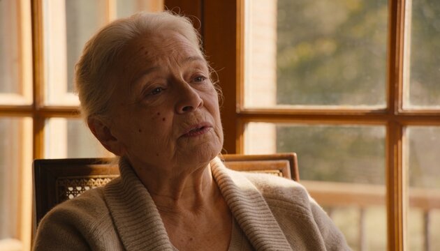 Gazing senior woman sitting in woven-back wooden chair at home near window, wearing beige cardigan