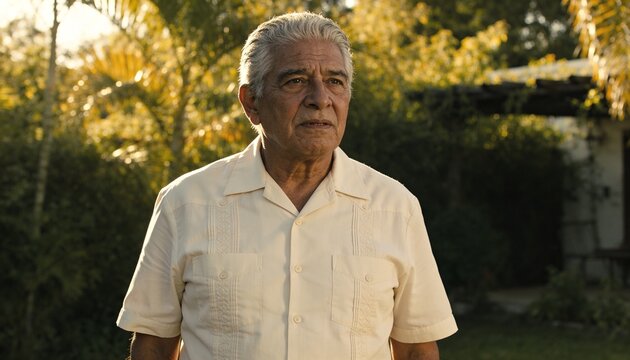 Standing Senior Hispanic man gazing right in backyard, wearing beige guayabera shirt