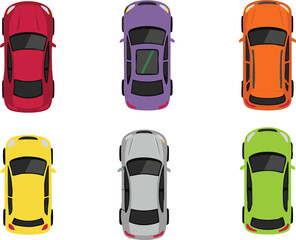 A colorful vector illustration set featuring modern passenger cars from a top down aerial view perspective, isolated on white background. © Raju