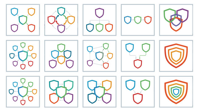 Collection of colorful shield icons with various designs and styles