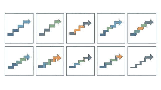 Set of colorful ascending staircase icons in various styles and colors