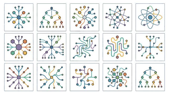 Collection of colorful abstract molecular and atomic structure illustrations