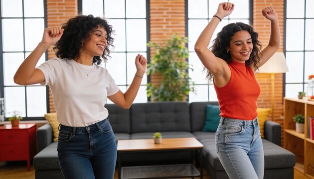 Dancing two women wearing white tee and red sleeveless top in loft, with gray sofa