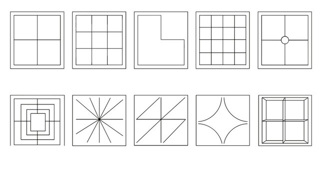 Collection of geometric line art icons with various shapes and patterns